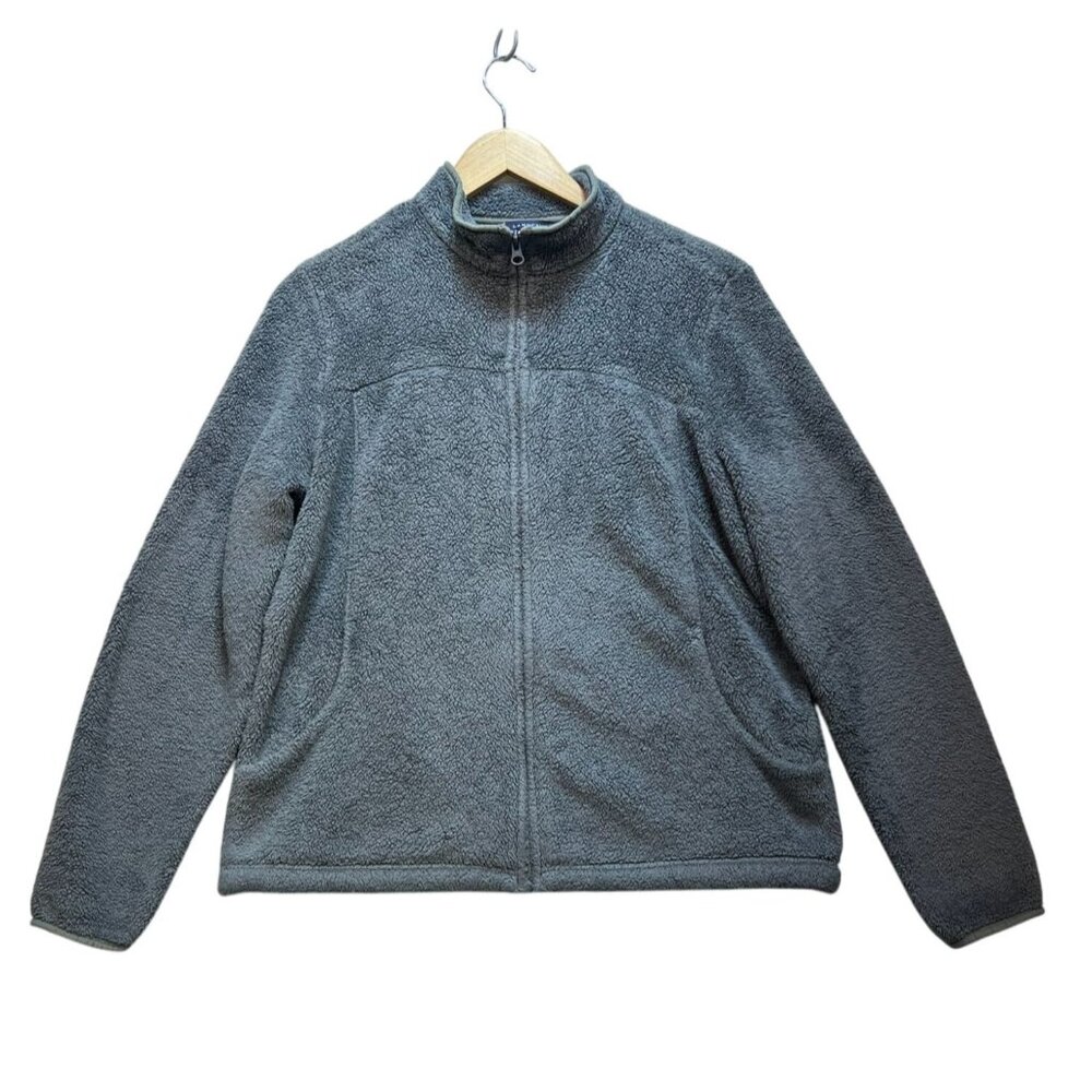 Lands End Womens Fleece Jacket Large 14-16 Gray Sherpa Full Zip Mock Neck Winter